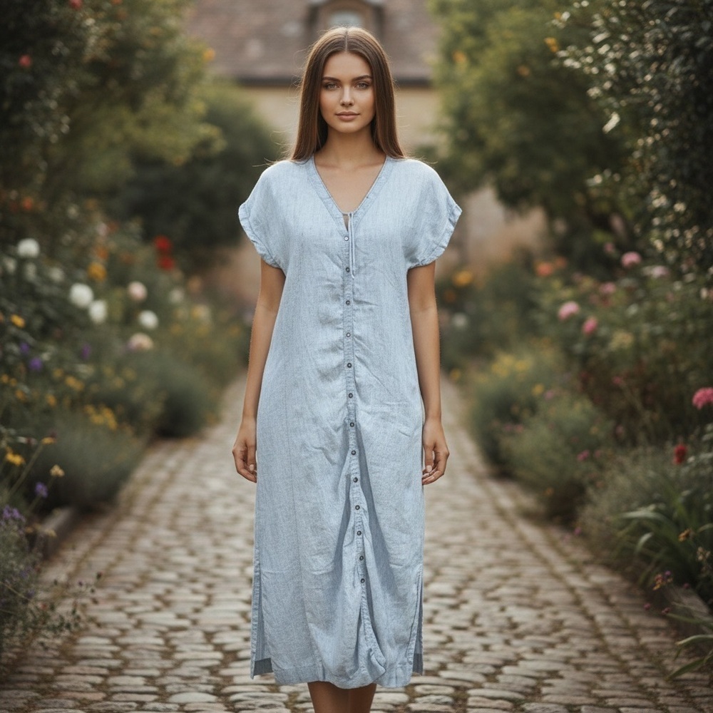 🌻Poetry Blue Linen Button Front Longline Lagenlook Dress US Size 6